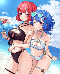 Rule 34 | 2girls, alternate breast size, alternate hair length, alternate hairstyle, bare arms, bare legs, bare shoulders, bikini, black bikini, black choker, blue hair, blush, bracelet, breasts, choker, cleavage, closed mouth, cloud, collarbone, cup, day, drink, drinking glass, drinking straw, eyewear on head, groin, hair ornament, hairclip, heart, heart-shaped eyewear, highres, holding, holding cup, jewelry, kotonoha akane, kotonoha aoi, large breasts, multiple girls, ocean, one eye closed, outdoors, pink eyes, red hair, short hair, siblings, sisters, smile, swimsuit, tenneko yuuri, thigh strap, voiceroid, white bikini