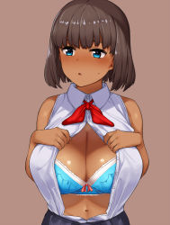 Rule 34 | 1girl, bare shoulders, blue bra, blue eyes, blush, bra, breasts, brown background, brown hair, cleavage, commentary request, dark skin, dark-skinned female, embarrassed, hai ookami, huge weapon, large breasts, navel, original, parted lips, partially unbuttoned, shirt, short hair, simple background, sleeveless, sleeveless shirt, solo, sweatdrop, underwear, undressing, upper body, weapon
