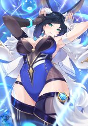 Rule 34 | 1girl, absurdres, adapted costume, animal ear fluff, animal ears, aqua eyes, armband, armpits, arms up, asymmetrical gloves, black gloves, black hair, black thighhighs, blue hair, blue leotard, blunt bangs, bracelet, breasts, commentary, cowboy shot, dice, earrings, genshin impact, gloves, gradient hair, highres, jewelry, kaos art, large breasts, leotard, mismatched gloves, multicolored hair, purple lips, rabbit ears, short hair, solo, standing, thighhighs, thighs, white gloves, yelan (genshin impact)