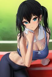 Rule 34 | 1girl, aqua eyes, arm at side, arm support, bare arms, bare shoulders, black hair, black pants, black sports bra, bra, breasts, cleavage, crop top, day, highres, large breasts, long hair, looking at viewer, midriff, mole, mole under eye, myabit, navel, original, outdoors, pants, parted lips, sidelocks, sitting, sleeveless, solo, sports bra, sportswear, standing, stomach, sweat, toned, towel, towel around neck, track and field, twintails, underwear, yoga pants, yokozuwari