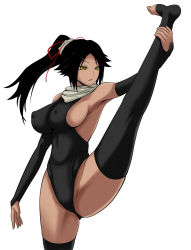 Rule 34 | 1girl, armpits, bare shoulders, black hair, black thighhighs, bleach, breasts, bridal gauntlets, covered erect nipples, dark-skinned female, dark skin, detached sleeves, feet, flexible, highleg, highres, large breasts, leg lift, legs, leotard, long hair, long legs, looking away, nipples, open mouth, ponytail, scarf, shihouin yoruichi, shima-shuu, sideboob, simple background, solo, standing, standing on one leg, stretching, thighhighs, thighs, toeless legwear, toes, white background, yellow eyes