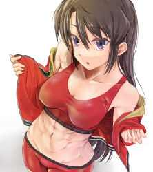 1girl :o abs absurdres bike_shorts black_hair blue_eyes breasts commentary_request commission fitness_(manga) groin highres jacket kannagi_natsuki long_hair long_sleeves looking_at_viewer medium_breasts midriff muscular muscular_female nabeyu navel off_shoulder open_clothes open_jacket open_mouth opened_by_self partial_commentary pixiv_commission red_shorts red_sports_bra shorts solo sports_bra standing sweat