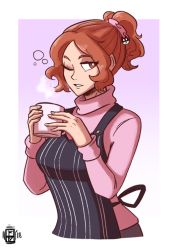 Rule 34 | 10s, 1girl, apron, brown eyes, brown hair, coffee, cup, holding, holding cup, matching hair/eyes, okumura haru, one eye closed, persona, persona 5, ponytail, scruffyturtles, steam