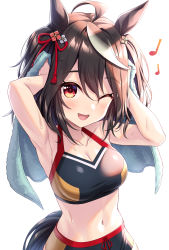 Rule 34 | 1girl, ;d, ahoge, animal ears, arms up, bare arms, bare shoulders, black hair, breasts, cleavage, collarbone, commentary request, crop top, hair between eyes, highres, holding, holding towel, horse ears, horse girl, horse tail, kitasan black (umamusume), looking at viewer, medium breasts, musical note, navel, one eye closed, open mouth, quarter note, red eyes, simple background, smile, solo, tail, tomo (tmtm mf mf), towel, two side up, umamusume, wet, white background