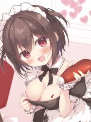 Rule 34 | 1girl, :d, apron, black bow, black dress, black ribbon, blush, bottle, bow, breasts, brown hair, cleavage, collarbone, commentary request, dress, food on body, food on breasts, frilled apron, frills, hair between eyes, hair ribbon, heart, highres, holding, holding bottle, ketchup, ketchup bottle, looking at viewer, maid headdress, medium breasts, miyasaka naco, open mouth, original, puffy short sleeves, puffy sleeves, red eyes, ribbon, short sleeves, sidelocks, smile, solo, two side up, waitress, white apron