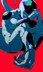 Rule 34 | 1boy, commentary request, dragon ball, dragonball z, fingernails, floating, frieza, interlocked fingers, kokusoji, looking at viewer, male focus, own hands together, red background, red eyes, shaded face, simple background, solo, tail, twitter username