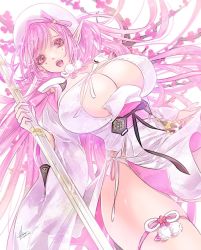 Rule 34 | artist request, branch, breasts, destiny child, hat, holding, holding weapon, huge breasts, looking at viewer, panties, pink hair, pointy ears, senga (destiny child), side-tie panties, sword, thigh strap, underwear, weapon