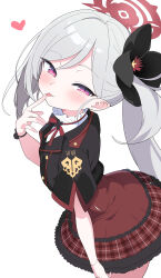 Rule 34 | 1girl, absurdres, black scrunchie, black shirt, blue archive, blush, closed mouth, cowboy shot, grey hair, hair ornament, hair scrunchie, halo, heart, highres, hiroikara (smhong04), long hair, looking at viewer, mutsuki (blue archive), pink eyes, red halo, red skirt, scrunchie, shirt, short sleeves, side ponytail, simple background, skirt, smile, solo, white background