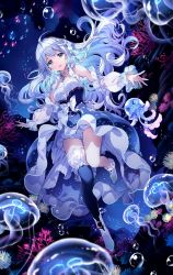 Rule 34 | &gt; &lt;, &gt;o&lt;, 1girl, ahoge, anklet, asymmetrical legwear, bloomers, blue eyes, blue hair, bow, breasts, bubble, collarbone, commentary request, coral reef, dark background, detached sleeves, dress, fish, floating clothes, floating hair, gem, glowing, glowing hair, highres, jellyfish, jewelry, long hair, looking at viewer, medium breasts, multicolored hair, nardack, necklace, original, outstretched arms, shoes, sleeveless, sleeveless dress, smile, spread arms, thighhighs, thighlet, underwater, underwear, white hair