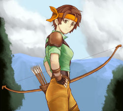Rule 34 | 1girl, arrow (projectile), belt, bow (weapon), brown eyes, brown hair, cloud, cloudy sky, cowboy shot, day, female focus, fingerless gloves, fire emblem, fire emblem: thracia 776, gloves, hand on own hip, headband, holding, holding bow (weapon), holding weapon, looking at viewer, matching hair/eyes, nintendo, nonji (sayglo halo), outdoors, pants, quiver, short hair, short sleeves, sky, solo, standing, tanya (fire emblem), weapon