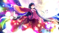 Rule 34 | 1girl, black hair, commentary request, floral print, full moon, highres, houraisan kaguya, long hair, long sleeves, looking at viewer, moon, nama shirasu, outstretched arm, shirt, skirt, smile, solo, spell, touhou, very long hair, wide sleeves