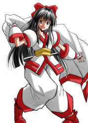 Rule 34 | 1girl, ainu clothes, artist name, black hair, blue eyes, breasts, hair ribbon, legs, long hair, looking at viewer, nakoruru, pants, ribbon, samurai spirits, small breasts, smile, snk, solo, the king of fighters, thighs, weapon
