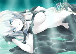 Rule 34 | 1girl, abyssal ship, alakoala, black cape, black gloves, blue eyes, blue flower, bodysuit, cape, colored skin, flower, gloves, hair between eyes, kantai collection, looking at viewer, lying, no headwear, on back, pale skin, short hair, skin tight, solo, spider lily, white flower, white hair, white skin, white spider lily, wo-class aircraft carrier