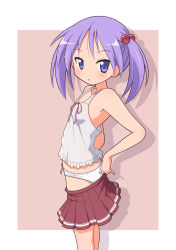 Rule 34 | 00s, 1girl, bare shoulders, blue eyes, blush, camisole, dressing, female focus, flat chest, hair bobbles, hair ornament, hiiragi kagami, lucky star, mel (artist), mel (melty pot), midriff peek, no bra, panties, pleated skirt, purple hair, shadow, short hair, short twintails, simple background, skirt, sleeveless, solo, tank top, twintails, underwear, white panties