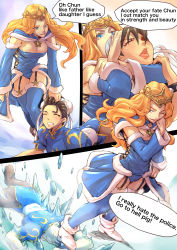 Rule 34 | 2girls, alternate costume, blonde hair, blue dress, blue eyes, boots, bracelet, breasts, brown hair, brown legwear, bun cover, capcom, china dress, chinese clothes, choke hold, chun-li, cleavage, cross-laced footwear, defeat, double bun, dress, english text, fur trim, garter straps, gold trim, grabbing another&#039;s hair, hair bun, hair ornament, jelly shrimp, jewelry, kolin, lace-up boots, lips, long hair, medium breasts, multiple girls, pantyhose, parted lips, pelvic curtain, puffy short sleeves, puffy sleeves, ryona, short sleeves, simple background, speech bubble, spiked bracelet, spikes, standing, strangling, street fighter, street fighter v, thick thighs, thighhighs, thighs, tiara, wavy hair, white footwear, wide hips