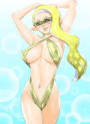 Rule 34 | 1girl, aged up, armpits, arms up, blonde hair, breasts, covered erect nipples, glasses, green eyes, highres, hip focus, inkling, inkling girl, inkling player character, large breasts, long hair, navel, nintendo, nipples, parted lips, slingshot swimsuit, solo, splatoon (series), splatoon 2, swimsuit, taka-michi, tentacle hair, thighs