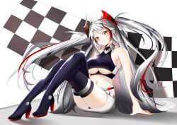Rule 34 | 1girl, absurdres, azur lane, bare shoulders, belt, boots, breasts, catnnn, checkered flag, clothing cutout, cropped shirt, flag, full body, headgear, high heels, highres, large breasts, long hair, looking at viewer, official alternate costume, panties, panty straps, prinz eugen (azur lane), prinz eugen (final lap) (azur lane), purple footwear, race queen, red hair, red panties, silver hair, sitting, thigh boots, thighhighs, underboob, underboob cutout, underwear, very long hair, white belt, yellow eyes