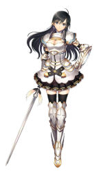 Rule 34 | 1girl, armor, armored dress, black eyes, black hair, black thighhighs, blade arcus from shining, braid, breastplate, cleavage cutout, clothing cutout, earrings, full body, gauntlets, greaves, hand on own hip, jewelry, long hair, looking at viewer, pauldrons, shield, shining (series), shining resonance, shoulder armor, side braid, simple background, skirt, smile, solo, sonia blanche, sword, thighhighs, tony taka, weapon, white background, zettai ryouiki