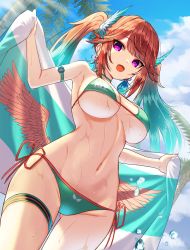 Rule 34 | 1girl, alternate hairstyle, arm strap, bikini, breasts, cloud, cloudy sky, commentary, commentary request, cowboy shot, earrings, english commentary, feather earrings, feathers, gradient hair, green bikini, green hair, halterneck, highres, holding, holding towel, hololive, hololive english, inari (ambercrown), jewelry, large breasts, long hair, looking at viewer, mixed-language commentary, multicolored hair, navel, open mouth, orange hair, palm tree, purple eyes, side-tie bikini bottom, sidelocks, sky, smile, solo, standing, stomach, string bikini, swimsuit, takanashi kiara, takanashi kiara (casual), thigh strap, towel, tree, twintails, underboob, virtual youtuber, wet