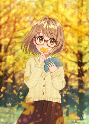 Rule 34 | 1girl, arms up, artist name, autumn, autumn leaves, blurry, blurry background, blurry foreground, book, brown eyes, cardigan, commentary request, covering own mouth, cowboy shot, day, depth of field, falling leaves, ginkgo leaf, glasses, head tilt, highres, holding, holding book, holding leaf, leaf, light brown hair, long sleeves, looking at viewer, open book, original, outdoors, plaid, plaid skirt, pleated skirt, red skirt, shirt, short hair, skirt, solo, soramame tomu, standing, swept bangs, tortoiseshell-framed eyewear, tree, twitter username, white shirt, yellow cardigan
