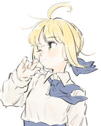 Rule 34 | 1girl, ahoge, artoria pendragon (all), artoria pendragon (fate), blonde hair, blue ribbon, blush, collared shirt, fate/stay night, fate (series), green eyes, hair bun, hair ribbon, highres, long sleeves, looking to the side, neck ribbon, one eye closed, ribbon, saber (fate), shirt, sidelocks, simple background, sketch, smile, solo, tenoo12, upper body, white background, white shirt, wind