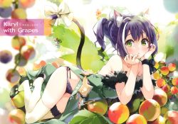 Rule 34 | 1girl, :&lt;, absurdres, animal ear fluff, animal ears, black panties, bow, cat ears, cat tail, dress, english text, eretto, food, fruit, fur trim, grapes, green dress, green eyes, head rest, high heels, highres, huge filesize, karyl (princess connect!), long hair, looking at viewer, lying, multicolored hair, panties, ponytail, princess connect!, purple hair, ribbon, scan, side-tie panties, side slit, solo, strapless, strapless dress, streaked hair, tail, tail bow, tail ornament, thighhighs, underwear, white thighhighs, wrist ribbon