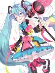 Rule 34 | 1girl, ;d, ahoge, bare shoulders, black thighhighs, blue bow, blue eyes, blue hair, blue neckwear, bow, colorful, crossed bangs, detached sleeves, dress, hair between eyes, hair ribbon, hatsune miku, leg up, long hair, long sleeves, magical mirai miku, magical mirai miku (2018), multicolored clothes, multicolored dress, number tattoo, one eye closed, open mouth, pink bow, ribbon, saz8720, sleeveless, sleeveless dress, smile, solo, sparkle, tattoo, teeth, thighhighs, twintails, very long hair, vocaloid, white background, white bow, white ribbon
