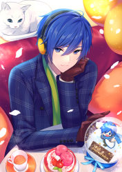 Rule 34 | 1boy, akiyoshi (tama-pete), anniversary, balloon, blue eyes, blue hair, cake, cat, commentary, cup, food, gloves, hand on own chin, happy birthday, kaito (vocaloid), looking at viewer, male focus, scarf, smile, snow globe, solo, teacup, vocaloid, white cat