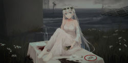 Rule 34 | 1girl, bare shoulders, barefoot, blood, bottle, breasts, building, chihuri, cleavage, closed mouth, cloud, cloudy sky, collarbone, cup, detached sleeves, dress, flower, full body, grey eyes, grey hair, hair between eyes, head tilt, highres, holding, holding flower, horizon, long hair, long sleeves, medium breasts, on table, original, outdoors, overhead line, plate, saucer, sitting, sky, sleeveless, sleeveless dress, solo, table, teacup, toenails, utility pole, very long hair, water, white flower, white sleeves, wide sleeves
