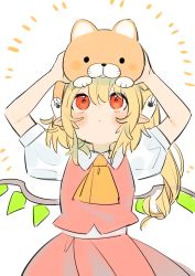 Rule 34 | 1girl, absurdres, animal, animal on head, arms up, ascot, blonde hair, closed mouth, crystal, dot mouth, flandre scarlet, gotou (nekocat), highres, no headwear, on head, one side up, pointy ears, red eyes, red skirt, red vest, shirt, short sleeves, simple background, skirt, solo, touhou, upper body, vest, white background, white shirt, wings, yellow ascot