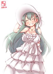 Rule 34 | 1girl, aqua hair, commentary request, cross, dated, dress, frilled dress, frills, grin, hair ornament, hairclip, hat, highres, jewelry, kanon (kurogane knights), kantai collection, logo, long hair, necklace, simple background, smile, solo, sun hat, suzuya (kancolle), white background, white dress, white hat