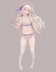 Rule 34 | 1girl, bare shoulders, blonde hair, bra, breasts, cleavage, hair ribbon, lingerie, lips, long hair, looking at viewer, navel, original, panties, personification, ribbon, silver hair, simple background, small breasts, smile, solo, thighhighs, underwear, underwear only, weno, white thighhighs