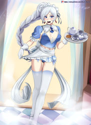 Rule 34 | 1girl, absurdres, apron, artist name, blue eyes, blush, braid, braided ponytail, breasts, checkered floor, cleavage, cookie, earrings, food, gloves, gluteal fold, highres, holding, indoors, jewelry, long hair, looking at viewer, maid, maid apron, maid headdress, medium breasts, open mouth, panties, patreon username, rwby, scar, scar across eye, scar on face, short sleeves, solo, standing, teeth, thighhighs, tongue, tray, underwear, vilde loh hocen, watermark, weiss schnee, white hair