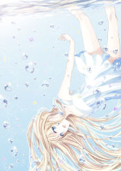 Rule 34 | 1girl, blonde hair, blue eyes, bubble, dress, long hair, looking at viewer, original, parted lips, shino (syllable), solo, underwater, upside-down, very long hair, white dress