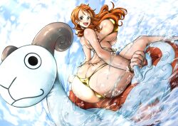 Rule 34 | 1girl, absurdres, arm support, ass, bikini, breasts, butt crack, cleavage, curvy, floating hair, gold bikini, highleg, highleg bikini, highres, huge ass, huge breasts, kyuugata, large breasts, long hair, looking at viewer, looking back, micro bikini, nami (one piece), one piece, orange hair, shiny skin, sitting, smile, solo, swimsuit, thong, thong bikini, very long hair, water, wide hips