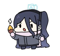 Rule 34 | 1girl, aris (blue archive), black hair, blue archive, chibi, food, halo, jacket, long hair, scarf, sechi (sechihyeo), side ponytail, simple background, solo, sweet potato, very long hair, white background