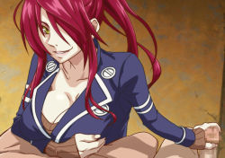 Rule 34 | 1girl, breast hold, breasts, censored, cleavage, clothed female nude male, hair over one eye, handjob, high ponytail, kobayashi rindou, kyabakurabakufu, large breasts, legs, looking at viewer, lying, mosaic censoring, nude, parted lips, penis, red hair, school uniform, shokugeki no souma, simple background, smile, thighs, yellow eyes
