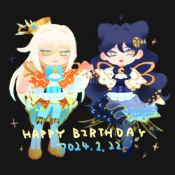 Rule 34 | + +, 2girls, ascot, black background, blue dress, blue hair, boots, bow-shaped hair, capelet, closed mouth, colored eyelashes, commentary, crescent, crescent hair ornament, crescent print, dated, dress, full body, hair between eyes, hair intakes, hair ornament, happy birthday, highres, kiratto pri chan, knee boots, long hair, long sleeves, looking at viewer, luluna (pri chan), multiple girls, orange capelet, pants, poya inuinu, pretty series, shirt, smile, solulu, standing, symbol-only commentary, very long hair, white ascot, white capelet, white footwear, white hair, white pants, white shirt, wings, yellow eyes
