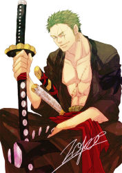 Rule 34 | 1boy, abs, boots, earrings, green hair, haramaki, jewelry, male focus, multiple swords, muscular, one-eyed, one piece, open clothes, pirate, roronoa zoro, sandai kitetsu, sash, sassaman, scar, shusui, simple background, sitting, smile, solo, sword, wado ichimonji, weapon, white background