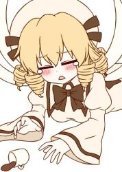 1girl black_bow black_bowtie blonde_hair blush bow bowtie closed_eyes coffee coffee_mug commentary cup dress drill_hair fairy_wings juliet_sleeves ketsumaimo long_sleeves luna_child mug open_mouth puffy_sleeves simple_background solo spill tearing_up touhou triangle_mouth upper_body white_background white_dress white_wings wings