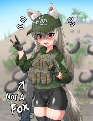 Rule 34 | 1girl, absurdres, animal ears, ash-12.7, baseball cap, battle rifle, black gloves, black shorts, black thighhighs, brown gloves, bullpup, english text, gloves, green hat, green jacket, grey hair, gun, hat, highres, hitch (perotoss), jacket, long hair, long sleeves, multicolored clothes, multicolored gloves, original, outdoors, red eyes, rifle, shak-12, short shorts, shorts, solo, standing, tail, thighhighs, weapon, wolf ears, wolf girl, wolf tail