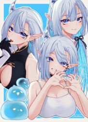 Rule 34 | 1girl, black ribbon, blue eyes, bodysuit, breasts, camisole, cleavage, cleavage cutout, clothing cutout, ear piercing, earrings, grey hair, halo sweety, highres, horns, indie virtual youtuber, jewelry, large breasts, mole, mole under eye, multiple views, murmoruno, piercing, pointy ears, ribbon, single horn, slime (creature), solo, tongue, tongue out, virtual youtuber, white camisole