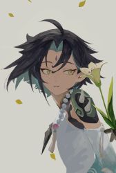 Rule 34 | 1boy, ahoge, aqua hair, black hair, flower, from side, genshin impact, green eyes, highres, jewelry, male focus, multicolored hair, necklace, parted lips, petals, short hair, solo, two-tone hair, upper body, xiao (genshin impact), yomotobi