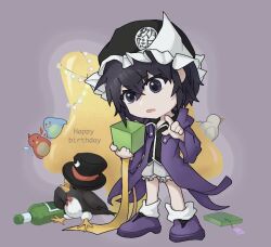 Rule 34 | 5others, androgynous, animal hands, animalization, beak, bird, birthday, black feathers, black headwear, black shirt, blue feathers, boots, bottle, bow, bowtie, bunting, chibi, collared shirt, english text, enraku tsubakura, eye of senri, eye on hat, eyelashes, feathers, frilled hat, frilled shorts, frills, gift, hand on own chest, happy birthday, hat, holding, holding gift, hood, hood down, hooded jacket, houlen yabusame, jacket, jiyuyun0707, len&#039;en, light, long sleeves, looking at object, mob cap, multiple others, open clothes, open jacket, open mouth, pointing, puffy shorts, purple background, purple eyes, purple footwear, purple hair, purple jacket, red bow, red bowtie, red feathers, ribbon, shirt, shitodo aoji, shitodo hooaka, shitodo kuroji, short hair, shorts, socks, star (symbol), swallow (bird), tag, top hat, triangular headpiece, unwrapped, white feathers, white shorts, white socks, white trim, wide sleeves, wings, yellow ribbon