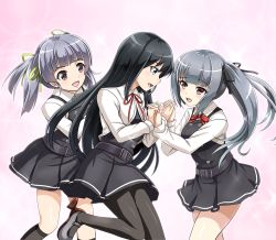 Rule 34 | 10s, 3girls, :d, aqua eyes, asashio (kancolle), belt, belt buckle, black hair, black ribbon, black socks, bow, bowtie, brown eyes, buckle, commentary request, dress, eyebrows, girl sandwich, green ribbon, hair bow, hair ribbon, holding hands, kantai collection, kasumi (kancolle), kneehighs, leg up, long hair, long sleeves, looking at another, mary janes, multiple girls, neck ribbon, ooshio (kancolle), open mouth, pantyhose, pinafore dress, pink background, pleated dress, red ribbon, revision, ribbon, sandwiched, school uniform, shoes, side ponytail, silver hair, simple background, sleeveless, sleeveless dress, smile, socks, tk8d32, twintails