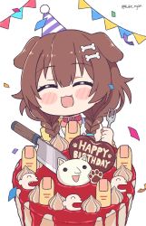 Rule 34 | 1girl, animal ears, artist name, blush, bone hair ornament, braid, brown hair, cake, closed eyes, confetti, dog ears, dog girl, facing viewer, fang, food, fork, hair between eyes, hair ornament, happy birthday, hat, highres, holding, holding fork, hololive, inugami korone, inugami korone (1st costume), knife, kukie-nyan, listener (inugami korone), open mouth, party hat, simple background, solo, twin braids, virtual youtuber, white background