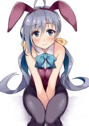 Rule 34 | 10s, 1girl, adapted costume, ahoge, animal ears, arms between legs, bare arms, bare shoulders, between legs, black pantyhose, blue hair, blush, bow, bowtie, breasts, commentary request, detached collar, eyebrows, fake animal ears, grey eyes, grey hair, hair between eyes, hairband, hand between legs, kantai collection, kiyoshimo (kancolle), kusano (torisukerabasu), leotard, long hair, looking at viewer, low twintails, multicolored hair, pantyhose, playboy bunny, rabbit ears, simple background, sitting, small breasts, smile, solo, twintails, v arms, very long hair, white background