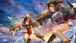 Rule 34 | 2girls, aircraft, airplane, animal, animal on head, asymmetrical legwear, azur lane, bird, black legwear, blue sky, breasts, brown hair, cannon, china dress, chinese clothes, cloud, commentary request, day, dress, fur-trimmed jacket, fur trim, hair rings, hairpods, jacket, long hair, long sleeves, looking at viewer, medium breasts, motion blur, multiple girls, nima (niru54), ning hai (azur lane), ocean, on head, outdoors, panda, parted lips, pelvic curtain, ping hai (azur lane), puffy long sleeves, puffy sleeves, purple dress, red dress, red eyes, single thighhigh, sky, standing, standing on one leg, thighhighs, twintails, uneven legwear, very long hair, water, white jacket