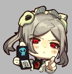 Rule 34 | 1girl, apron, badge, bloody marie (skullgirls), blush stickers, brooch, bubene, chibi, frilled apron, frills, grey background, grey hair, hair ornament, jewelry, looking at viewer, maid headdress, pointing, red eyes, skull hair ornament, skullgirls, solo, twintails, upper body
