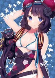 Rule 34 | 1girl, akagi kurage, arm up, bare arms, bare shoulders, bikini, bird, blue eyes, breasts, checkered background, cleavage, closed mouth, collarbone, fate/grand order, fate (series), floral print, goggles, goggles on head, hair ornament, halterneck, halterneck, highres, katsushika hokusai (fate), katsushika hokusai (swimsuit saber) (fate), long hair, looking at viewer, low twintails, medium breasts, octopus, purple hair, smile, swimsuit, tokitarou (fate), twintails, upper body, white bikini